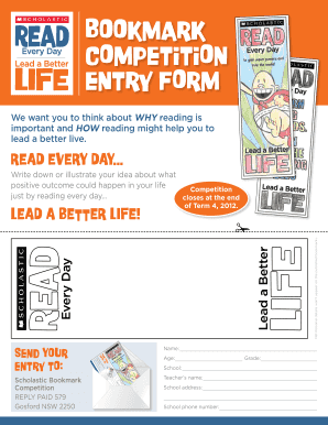 Scholastic Bookmark Competition Entry Form