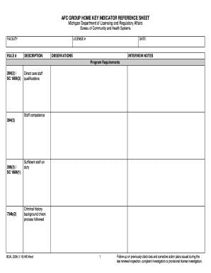 Michigan Group Home Key Indicator Reference Sheet