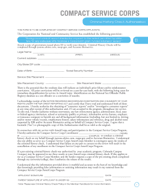 Compact Service Corps Criminal History Check Authorization