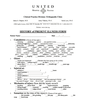 Orthopaedic Clinic History of Present Illness Form