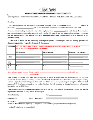 Request Form for Reactivation of Client Code