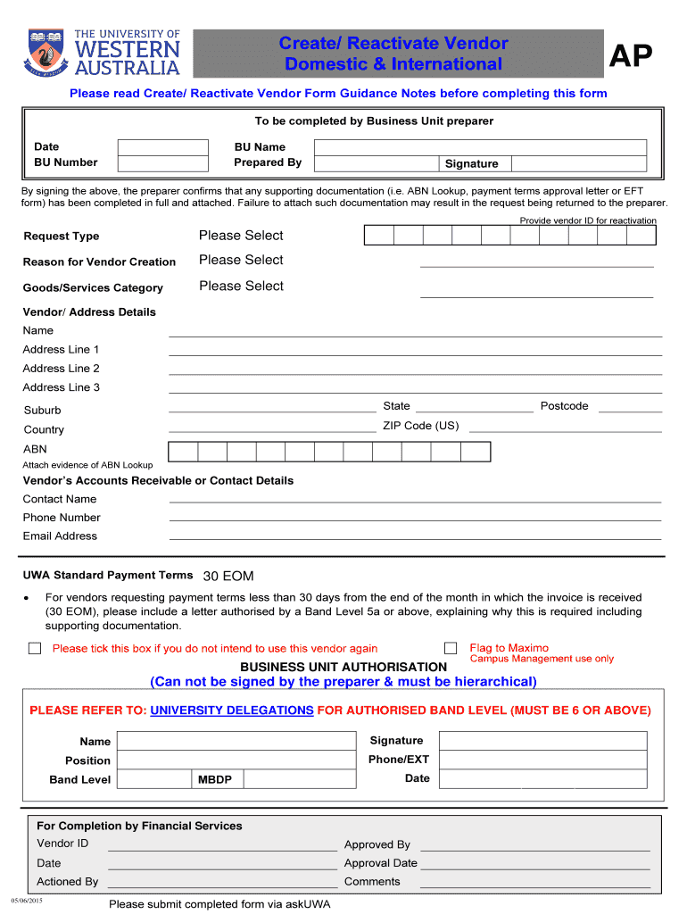 Fillable Online finserv uwa edu UWA Vendor Create bReactivateb Form ...
