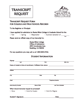 Transcript Request Form for College and High School Records