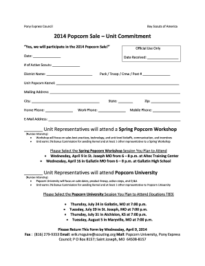 2014 Popcorn Sale Unit Commitment Form