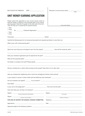 Boy Scouts of America Money-Earning Project Application