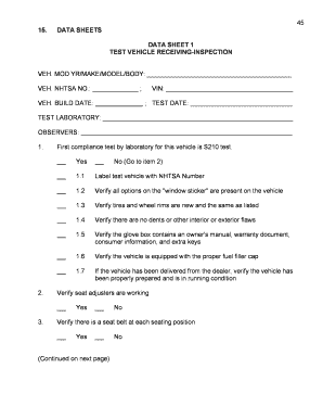 Vehicle Inspection and Testing Data Sheets