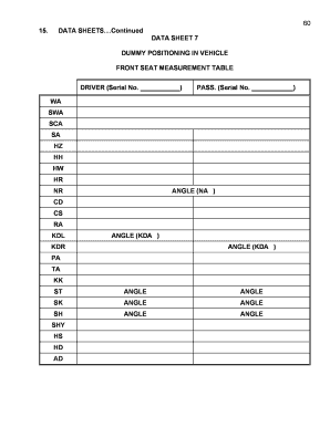 Vehicle Dummy Positioning Data Sheet