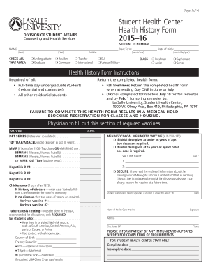 Student Health Center Health History Form
