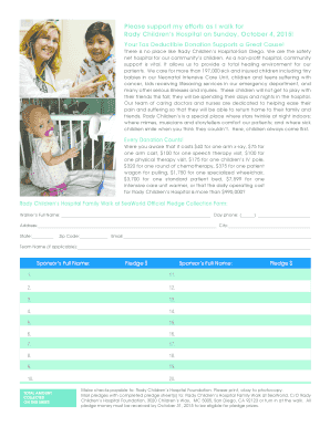 Rady Children's Hospital Family Walk Pledge Form