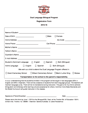 Dual Language Bilingual Program Registration Form 2015-16