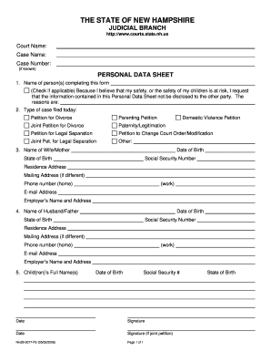New Hampshire Personal Data Sheet