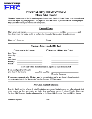 Ohio Nurse Aide Physical Requirement Form