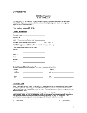 2012 Corporate Tax Organizer