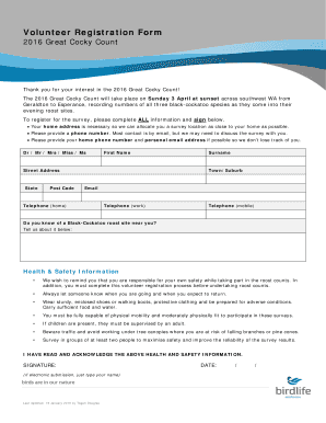 2016 Great Cocky Count Volunteer Registration Form