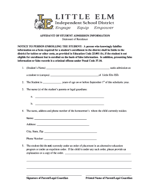 Affidavit of Student Admission Information