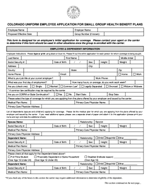 Colorado Uniform Employee Application for Small Group Health Benefit Plans