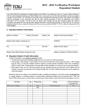 2015-2016 Verification Worksheet for Dependent Student