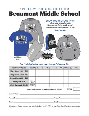 Fillable Online SPIRIT WEAR ORDER FORM Beaumont Middle School Fax Email ...