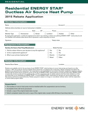 2015 Residential ENERGY STAR Ductless Heat Pump Rebate Application