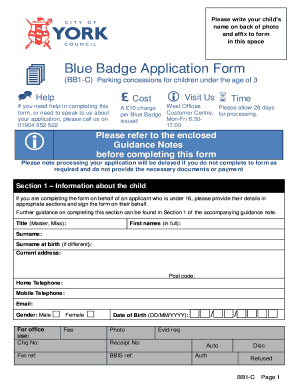 Blue Badge Application Form for Children Under 3