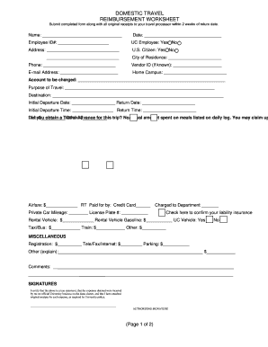 Domestic Travel Reimbursement Worksheet