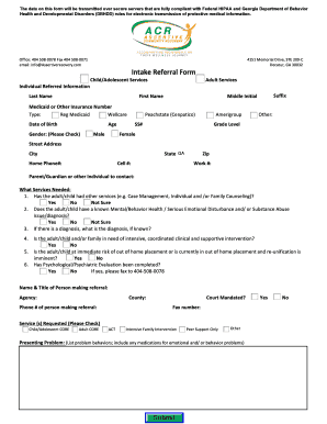 Intake Referral Form for Child/Adolescent and Adult Services
