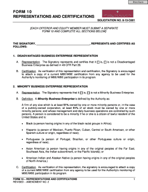 Form 10 Representations and Certifications