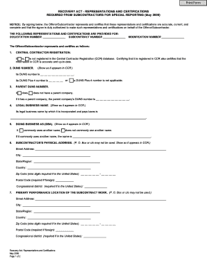 Recovery Act Subcontractor Representations and Certifications