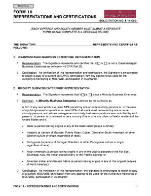 Form 10 Representations and Certifications