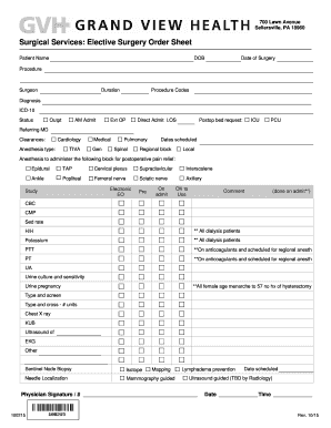Elective Surgery Order Sheet