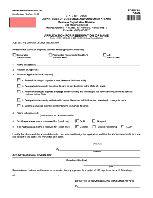 Hawaii Business Name Reservation Form X-1