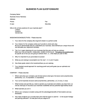 Business Plan Questionnaire