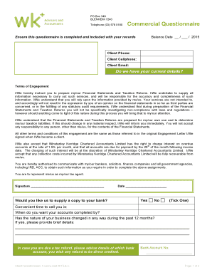 Commercial Financial Statements and Taxation Returns Questionnaire