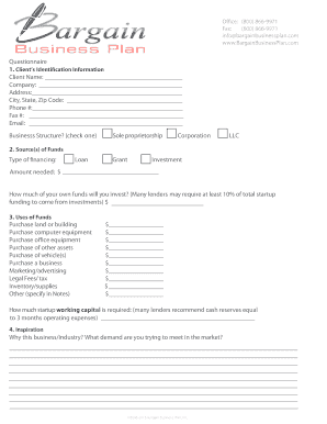 Business Plan Questionnaire