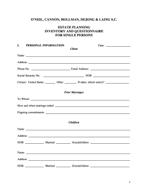 Estate Planning Inventory and Questionnaire for Single Persons