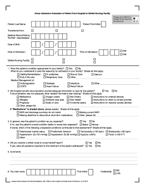 Nurse Admission Evaluation Form