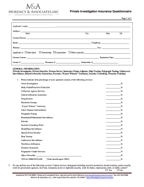 Private Investigation Insurance Questionnaire