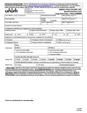 Emory Healthcare Long Term Care Benefit Election Form