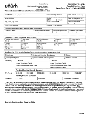 UNUM Life Insurance Long Term Care Benefit Election Form