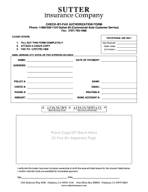 Sutter Insurance Check-By-Fax Authorization Form