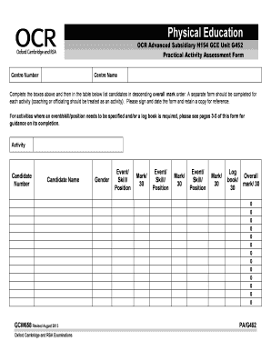 GCE Physical Education Practical Activity Assessment Form