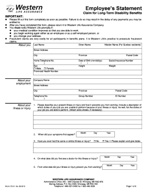 Employee’s Statement Claim for Long-Term Disability Benefits