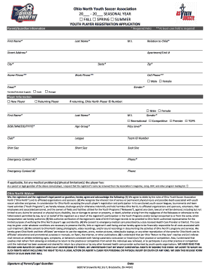 Ohio North Youth Soccer Player Registration Application