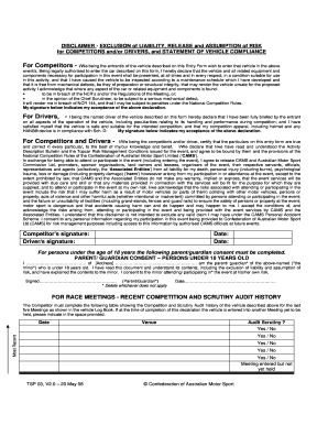 Disclaimer and Release Form for Motor Sport Competitors and Drivers