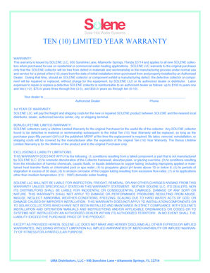 Solene Solar Collector Warranty Registration Form