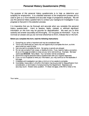 Personal History Questionnaire for Employment