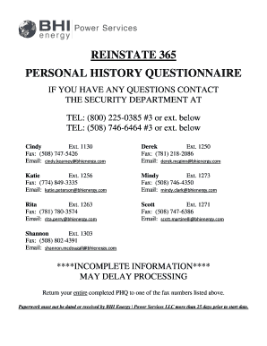 Reinstate 365 Personal History Questionnaire