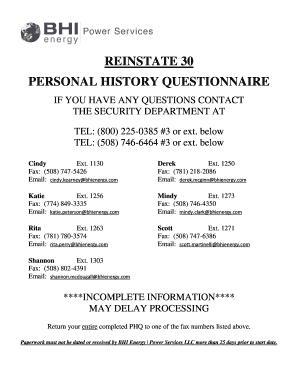 Reinstate 30 Personal History Questionnaire