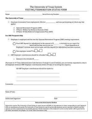 University of Texas System Vesting/Termination Status Form