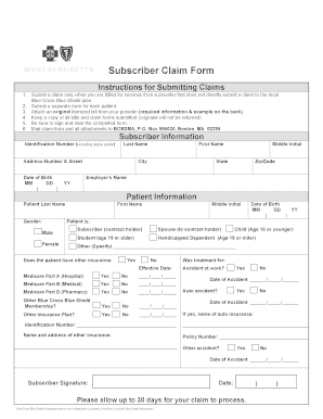 Blue Cross Blue Shield Subscriber Claim Form